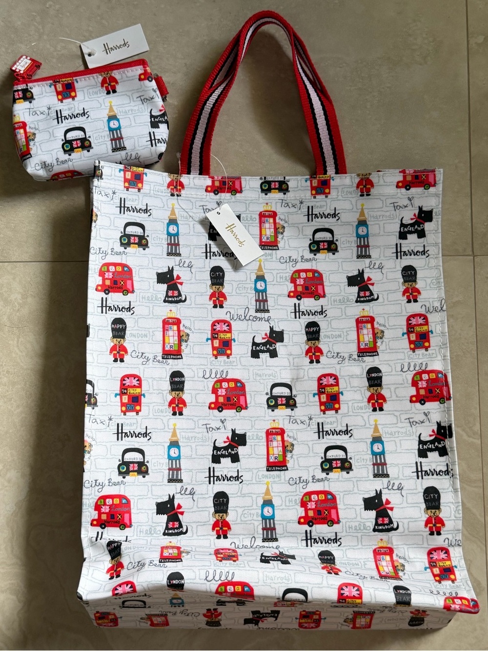 Harrods City Bear White Tote Bag with Red London Icons and Matching Pouch